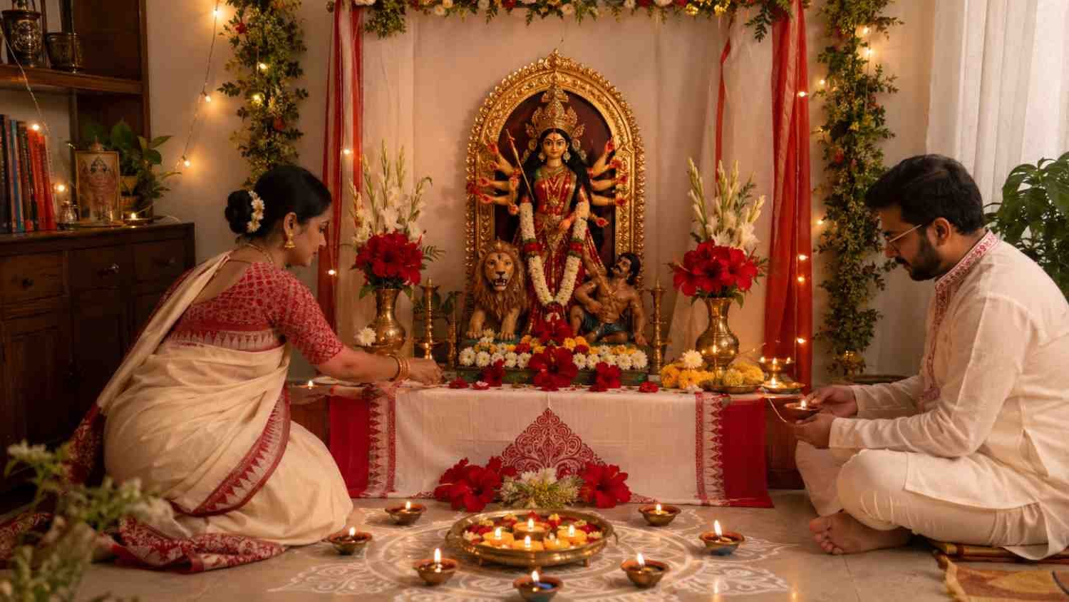 Durga Puja Decoration Ideas for home with flowers, diyas, fairy lights and a traditional Maa Durga altar