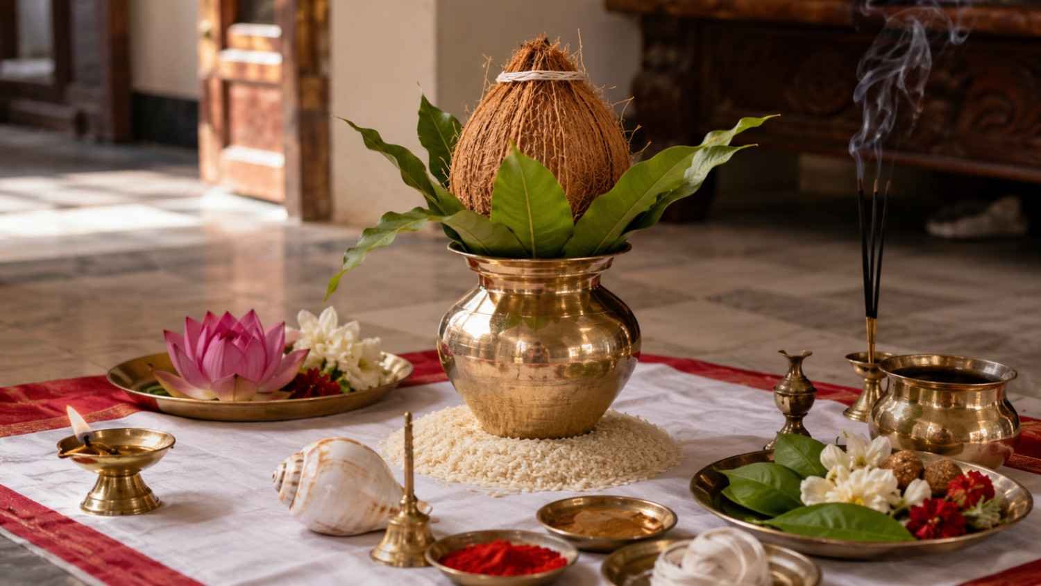 Kalash Sthapana setup for Durga Puja with coconut, mango leaves and ritual items