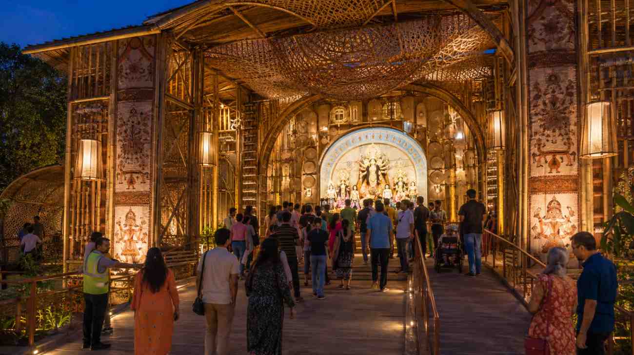 Artistic Durga Puja pandal in Kolkata displaying Bengali craftsmanship and community participation