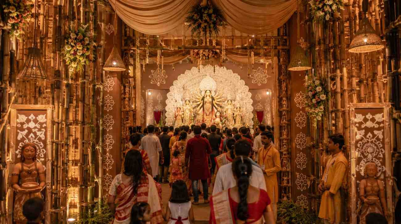 Durga Puja Pandal Decoration Ideas featuring traditional Bengali artwork, bamboo, flowers and festive lighting