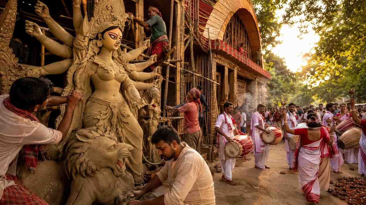 দুর্গাপূজার প্রতিমা নির্মাণ, প্যান্ডেলশিল্প, ঢাক ও ধুনুচি নাচের সাংস্কৃতিক দৃশ্য