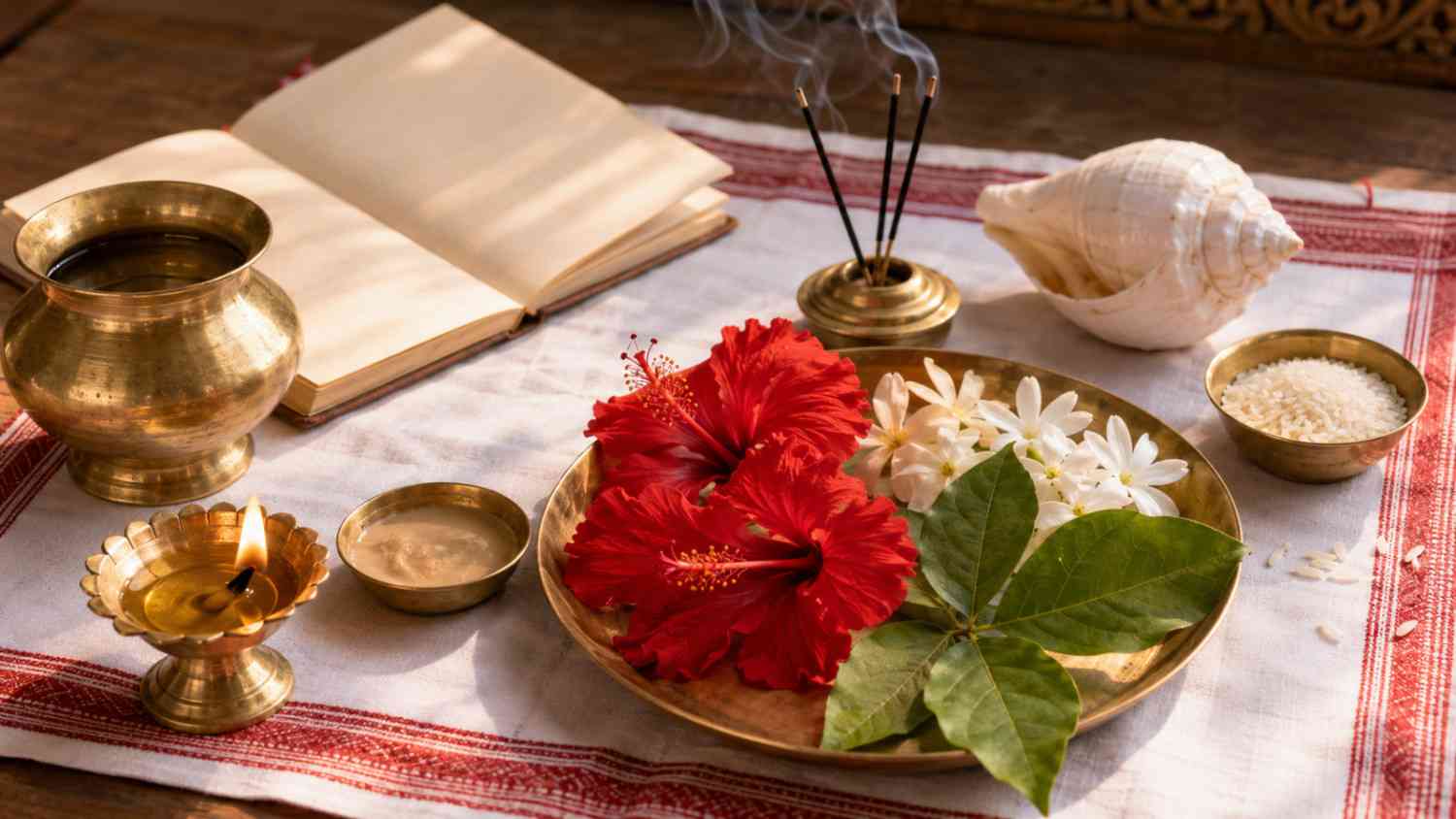 Flowers, bel leaves, diya and sacred items used with Durga Mantra in Bengali
