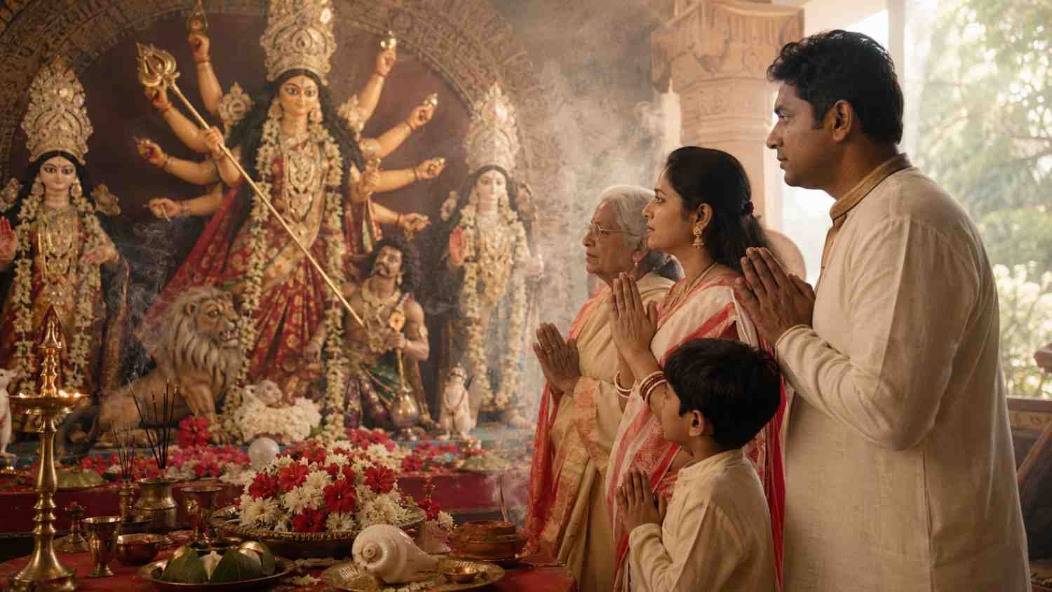 Durga Puja Wishes in Bengali expressed through a family seeking Maa Durga’s blessings