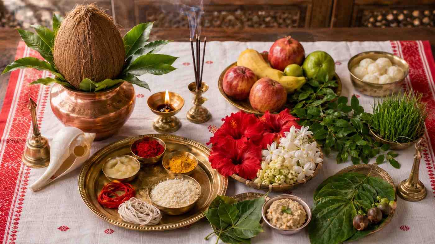 Durga Puja Samagri list with kalash, flowers, bel leaves, diya and puja items