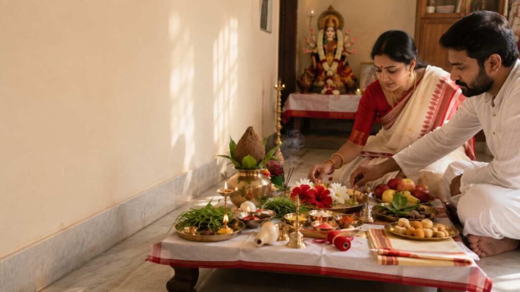 Durga Puja Samagri arranged with kalash, flowers, bel leaves, diya and traditional worship items