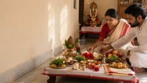 Durga Puja Samagri arranged with kalash, flowers, bel leaves, diya and traditional worship items