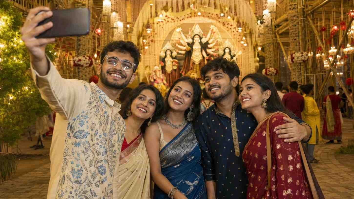 Friends taking selfies during pandal hopping for Durga Puja Caption in Bengali