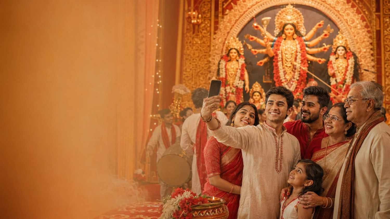 Durga Puja Status Bengali shared through a smartphone during a joyful Bengali family celebration Image Title: Durga Puja Status Bengali