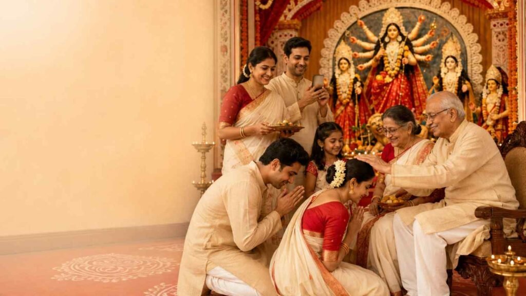 Durga Puja Wishes in Bengali shared by a Bengali family while exchanging blessings and sweets before Goddess Durga