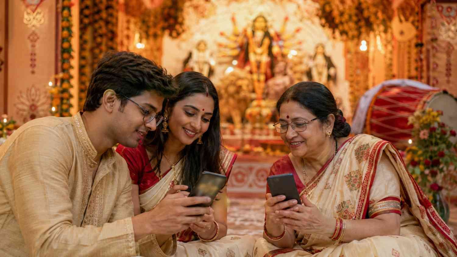 Bengali family sharing Durga Puja greetings through WhatsApp and social media