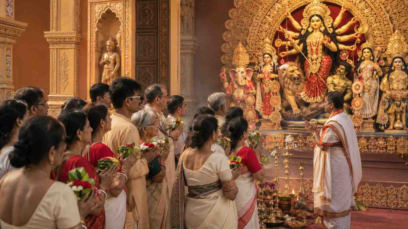 Durga Pushpanjali Mantra in Bengali recited by devotees holding flowers and bel leaves