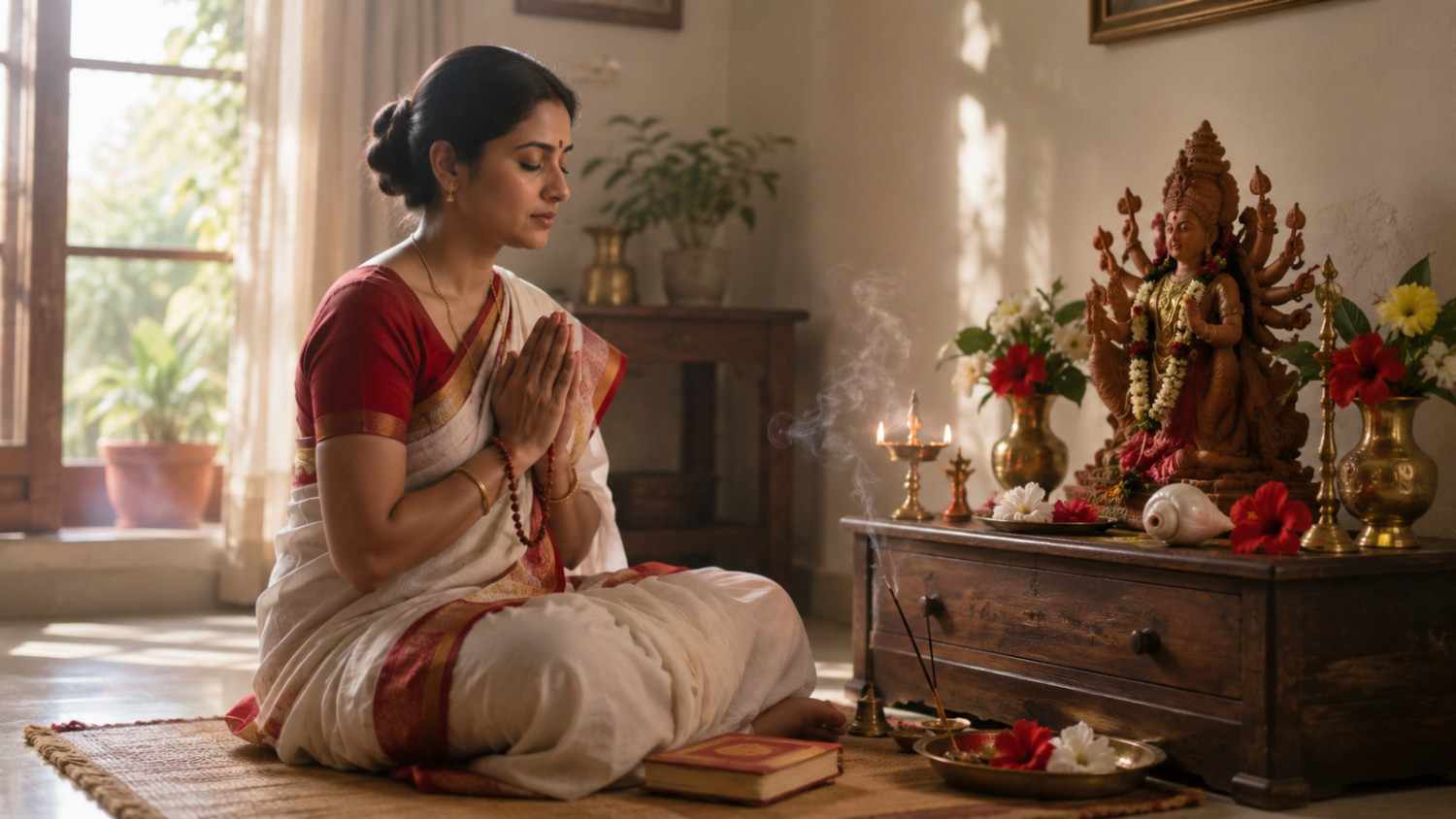Beginner chanting Durga Mantra in Bengali during peaceful morning worship at home