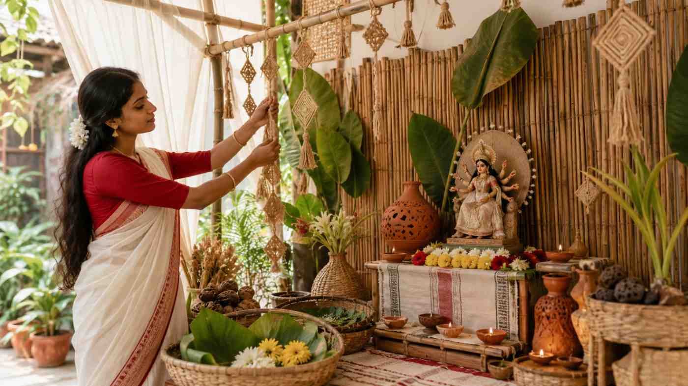 Eco-friendly Durga Puja Decoration Ideas using bamboo, jute, clay diyas, natural flowers and reusable crafts