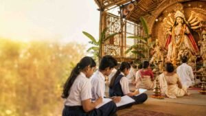 Essay on Durga Puja in Assamese language with Maa Durga, Assamese cultural decoration and school students