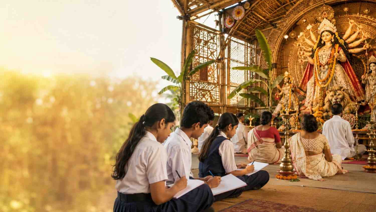 Essay on Durga Puja in Assamese language with Maa Durga, Assamese cultural decoration and school students