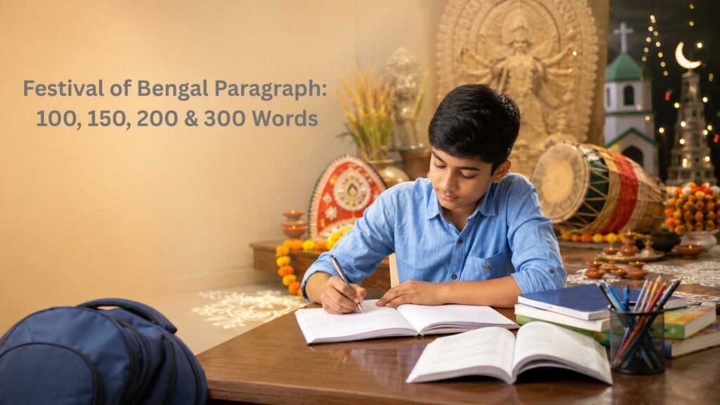 Festival of Bengal Paragraph লিখছে একজন শিক্ষার্থী এবং পেছনে বাংলার উৎসবের প্রতীকী দৃশ্য