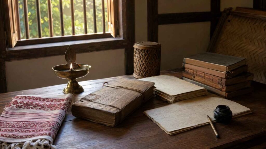 Traditional manuscript and books representing the historical development of Assamese romantic poetry.