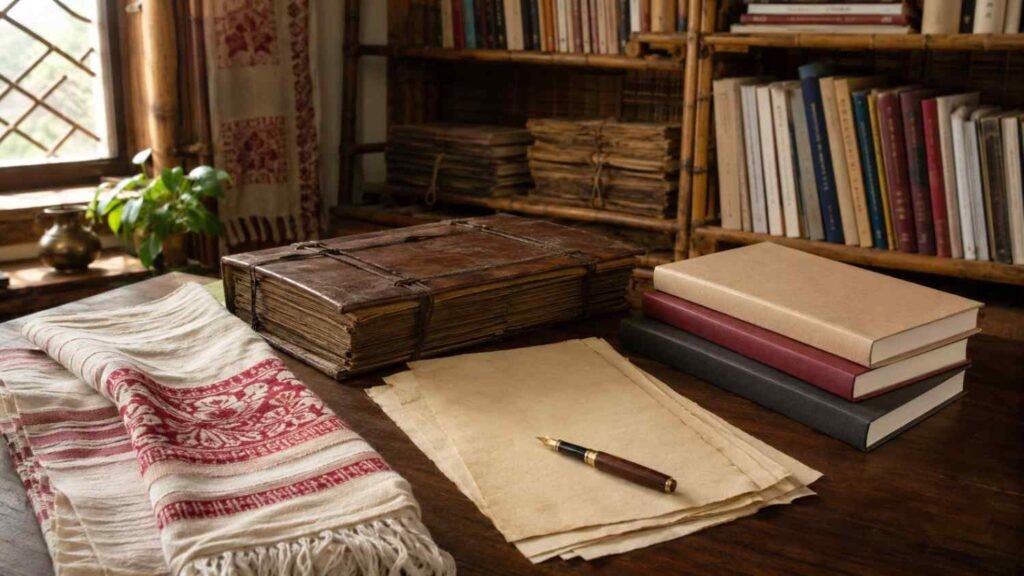 Old manuscripts and modern books representing the history of Assamese poetry and Assamese Poets.