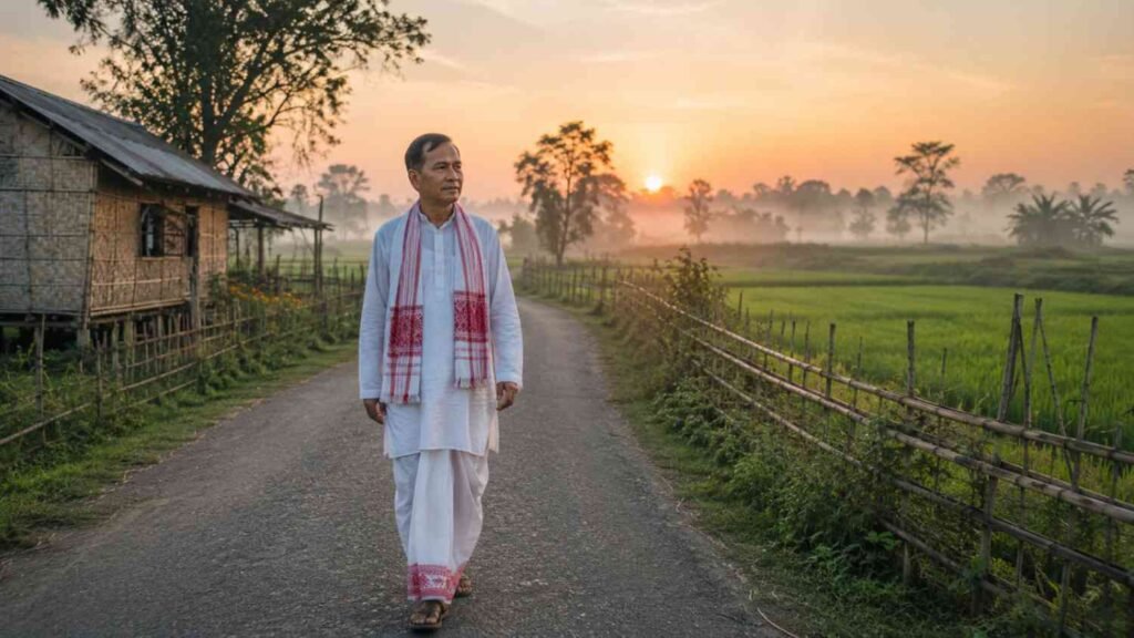 Thoughtful Assamese villager reflecting on happiness and life along a quiet village road.