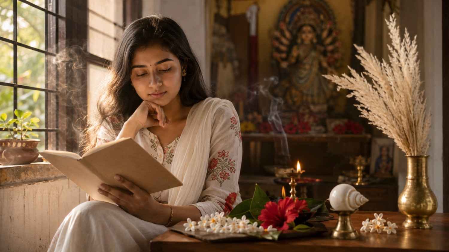 Young Bengali reader reflecting on inspirational Mahalaya Quotes in Bengali near a peaceful home shrine