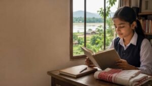 ALT Text: Assamese student reading the Janambhumi Assamese poem beside a classroom window overlooking a green landscape.