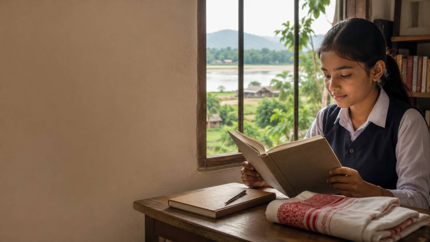 ALT Text: Assamese student reading the Janambhumi Assamese poem beside a classroom window overlooking a green landscape.