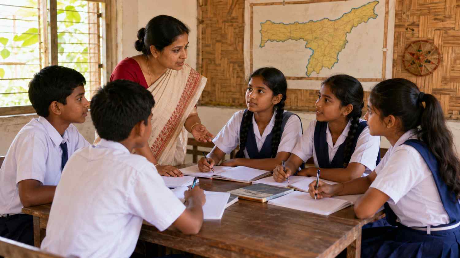 ALT Text: Assamese teacher helping Class 7 students discuss the meaning and central idea of a poem.