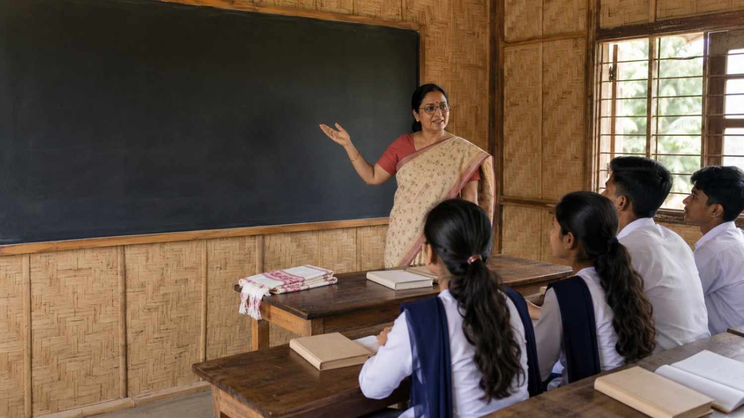 Teacher explaining the kar hukh nai assamese poem to senior students in an Assamese classroom.