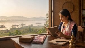 Assamese student reading the Lachit Borphukan Assamese poem beside a view of the Brahmaputra River.
