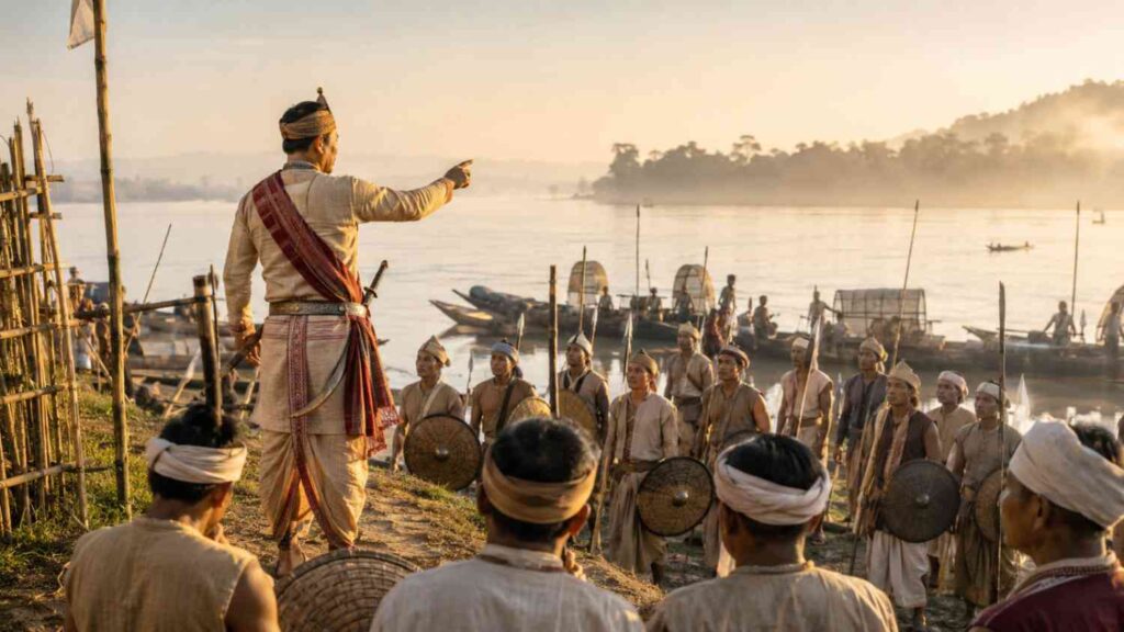 Ahom-era commander guiding defenders beside the Brahmaputra as a symbol of leadership and courage.