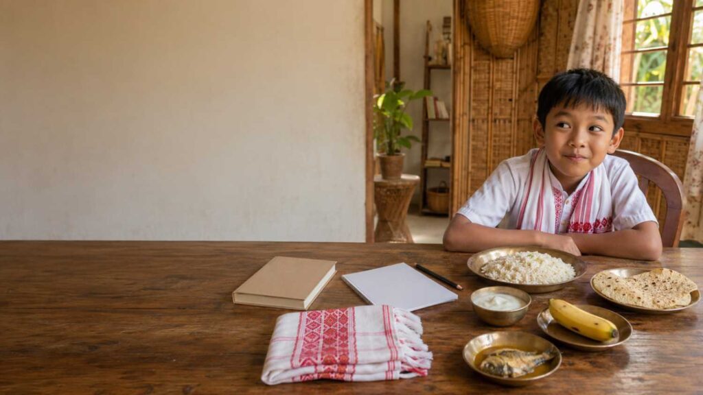 Assamese child reading the loghun poem in Assamese beside a table with traditional foods.