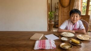 Assamese child reading the loghun poem in Assamese beside a table with traditional foods.