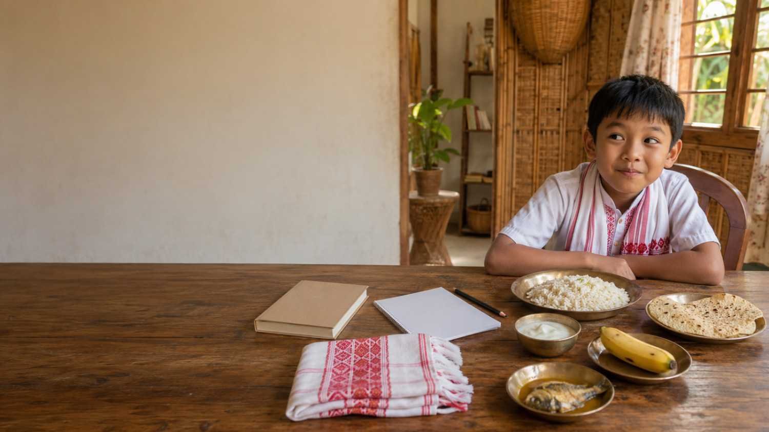 Assamese child reading the loghun poem in Assamese beside a table with traditional foods.