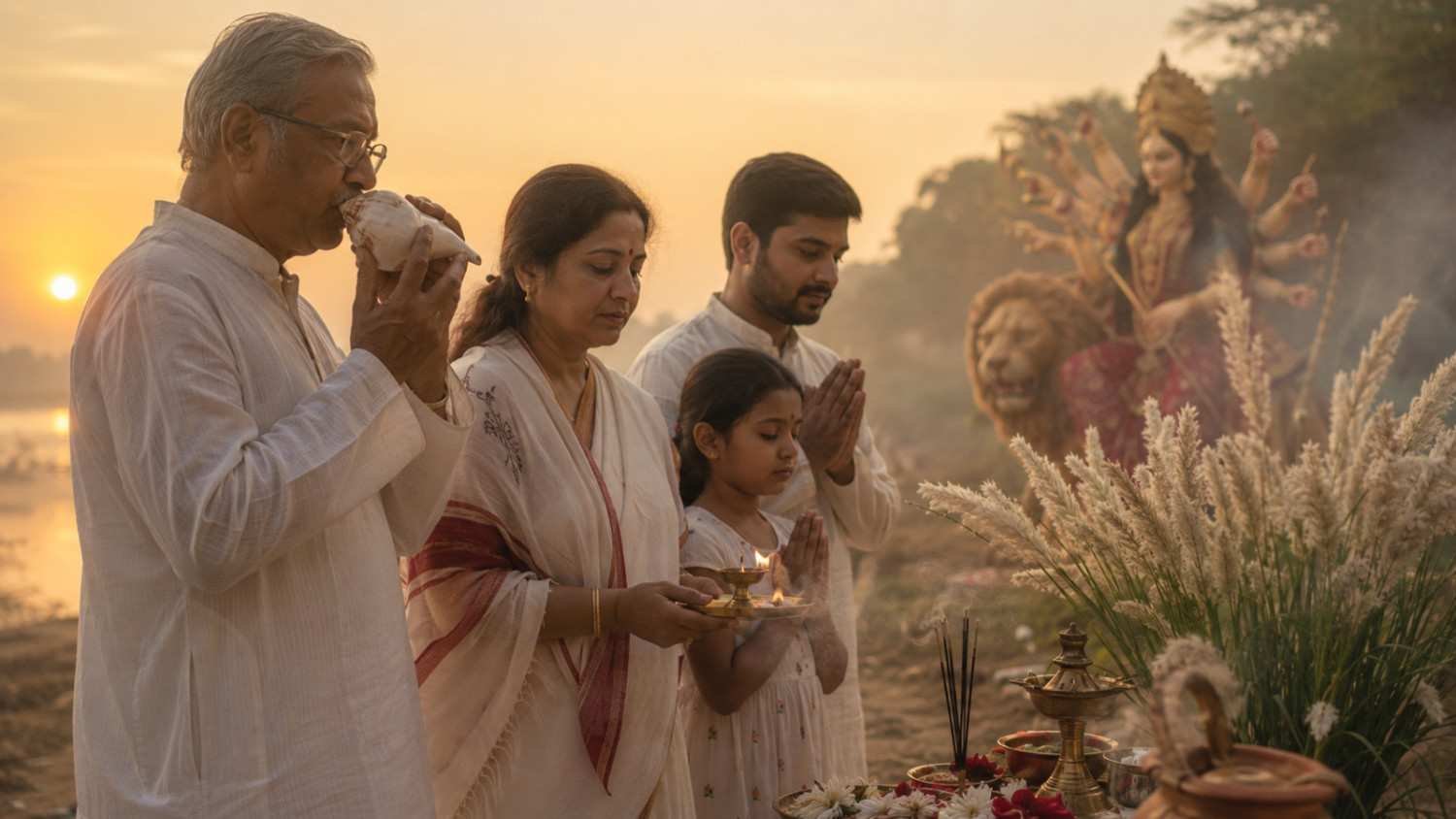 Bengali family observing Mahalaya morning prayers with Kash flowers and devotional atmosphere