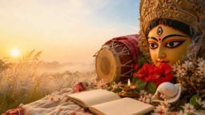 Mahalaya Quotes in Bengali with Maa Durga eyes, Kash flowers, Shiuli and golden autumn dawn