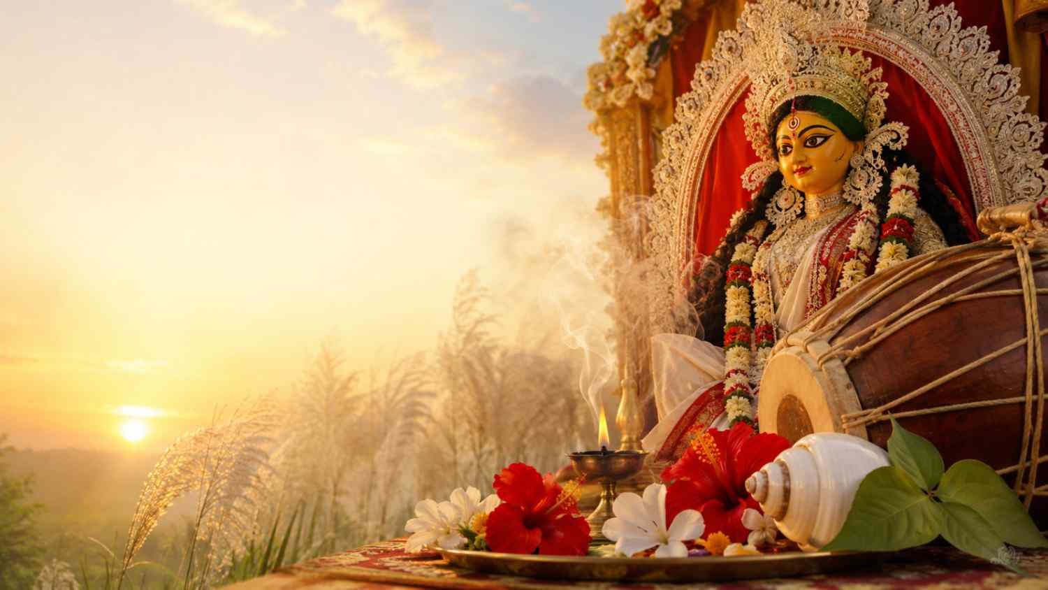Mahalaya Wishes in Bengali with Maa Durga, Kash flowers, dhak and golden dawn