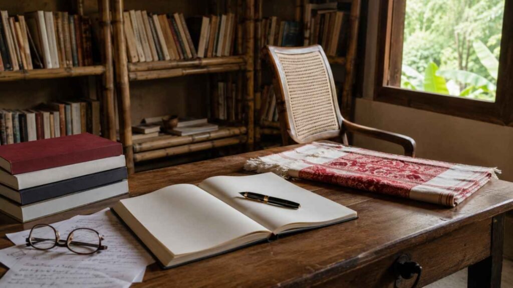 Writing desk and poetry books representing modern Assamese Poets and contemporary Assamese literature.