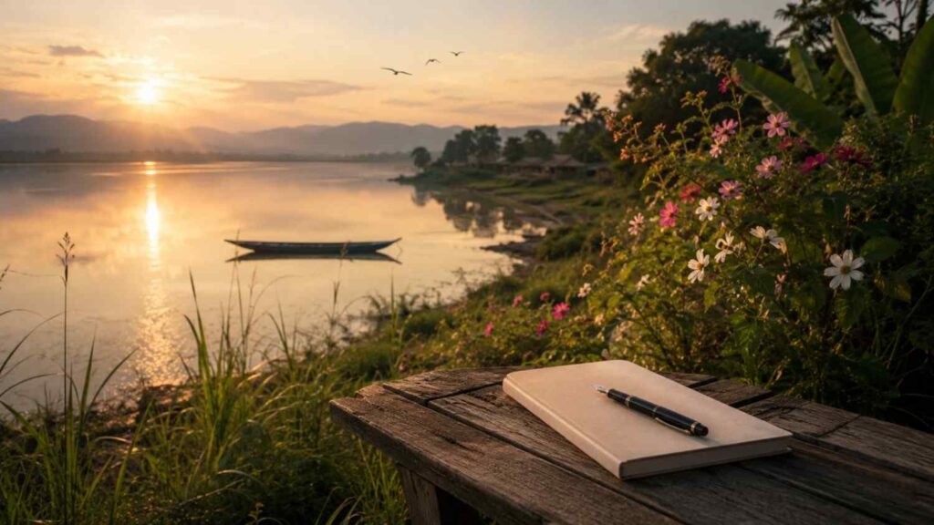 Assamese riverside with flowers and notebook symbolising nature and romance in love poetry.