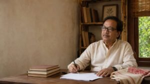 Editorial portrait of Assamese poet Nilim Kumar seated at a writing desk with poetry books.