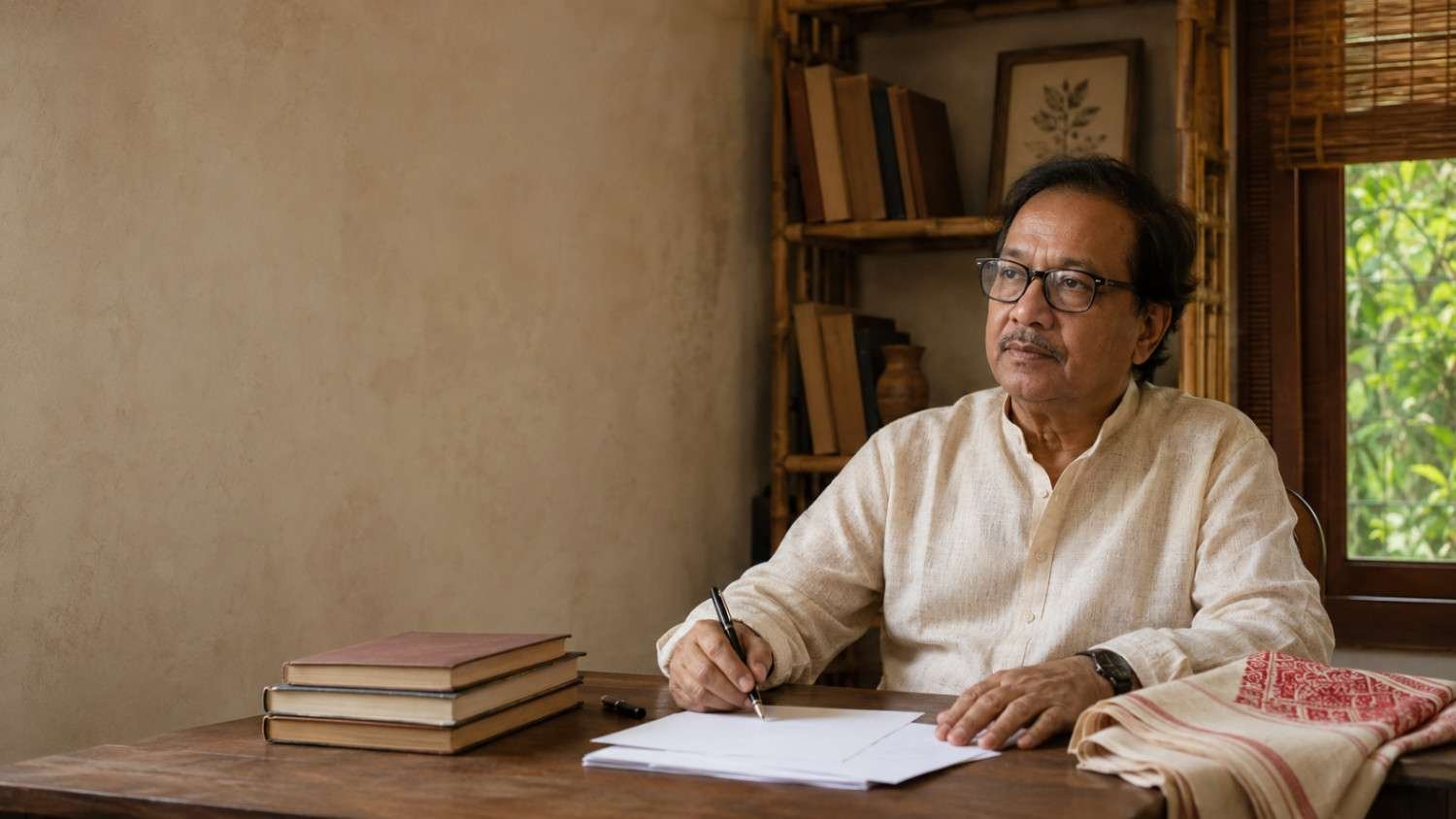 Editorial portrait of Assamese poet Nilim Kumar seated at a writing desk with poetry books.