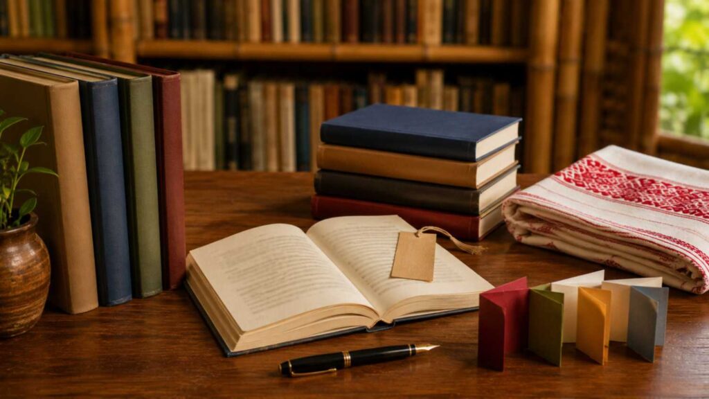 Assamese poetry books and reading materials arranged to represent Nilim Kumar’s collections and translations.