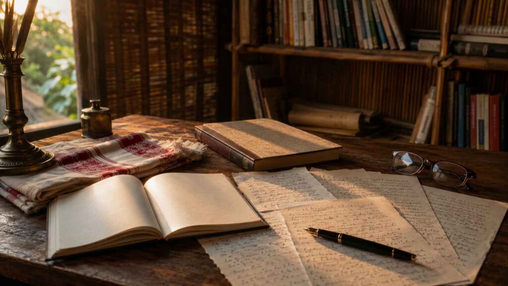 Writing desk with blank poetry drafts, books and a gamosa representing a contemporary Assamese poet’s creative process.