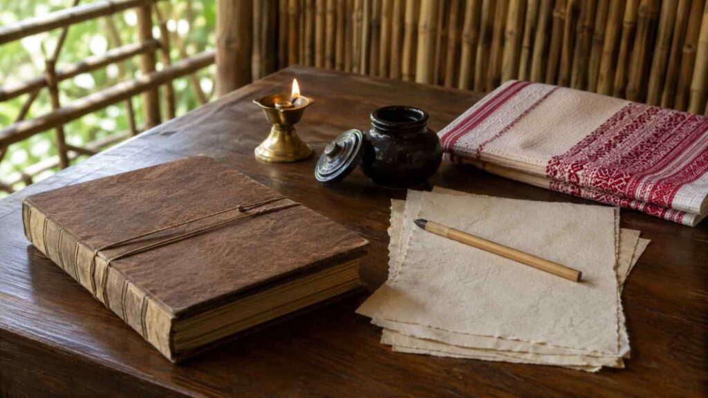 Assamese students learning about the origins of old Assamese poetry from a manuscript.