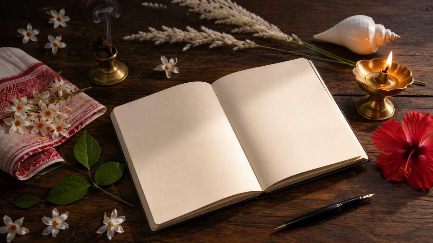 Blank notebook with Shiuli flowers, diya and conch representing original Mahalaya Quotes in Bengali