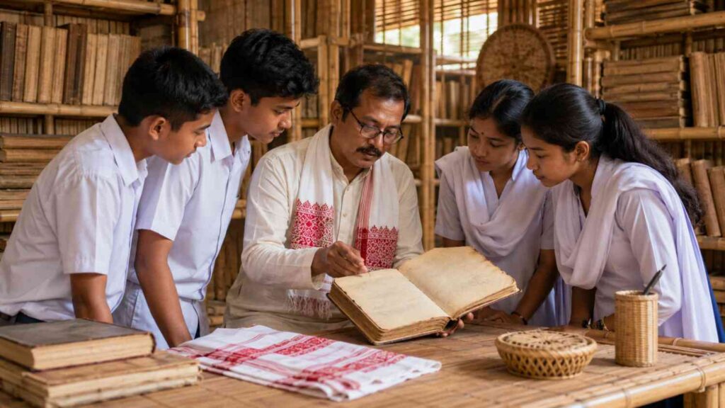 Assamese students learning about the origins of old Assamese poetry from a manuscript.