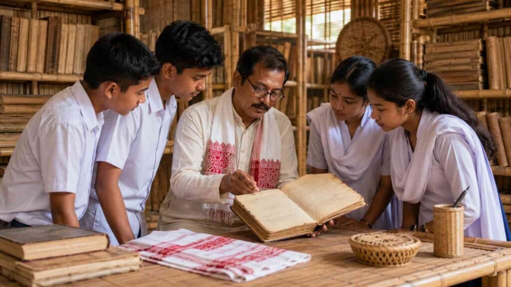 Assamese students learning about the origins of old Assamese poetry from a manuscript.