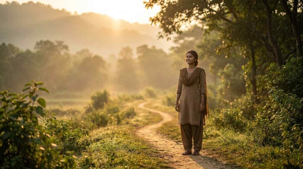 Positive Quotes Bengali – Hopeful person standing in morning light symbolizing positivity and personal growth