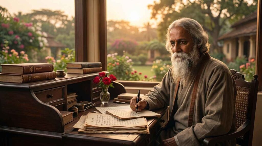 Rabindranath Tagore with manuscripts and roses representing timeless love quotes in Bengali.