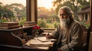 Rabindranath Tagore with manuscripts and roses representing timeless love quotes in Bengali.