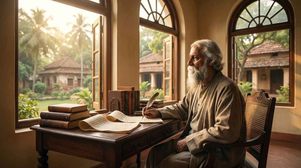 Rabindranath Tagore writing at Santiniketan with books and manuscripts representing inspirational Bengali quotes and literary wisdom.